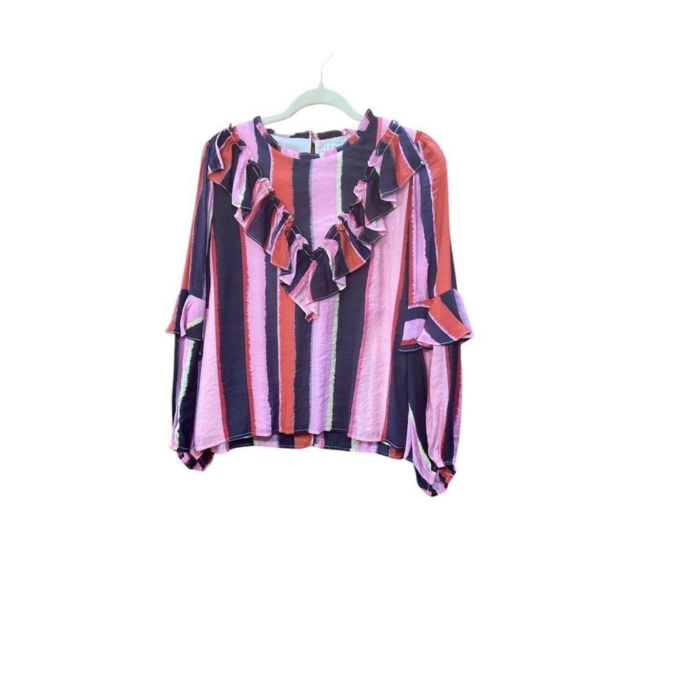 T. E. C.  Women's Blouse Multi Striped‎ With Front Ruffle Size LNWOT